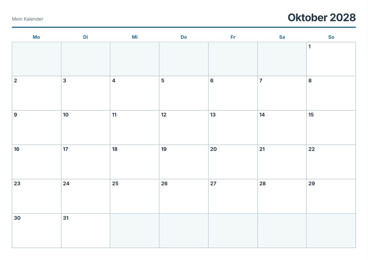 Oktober 2028 Kalender zum Ausdrucken (Druckvorschau)