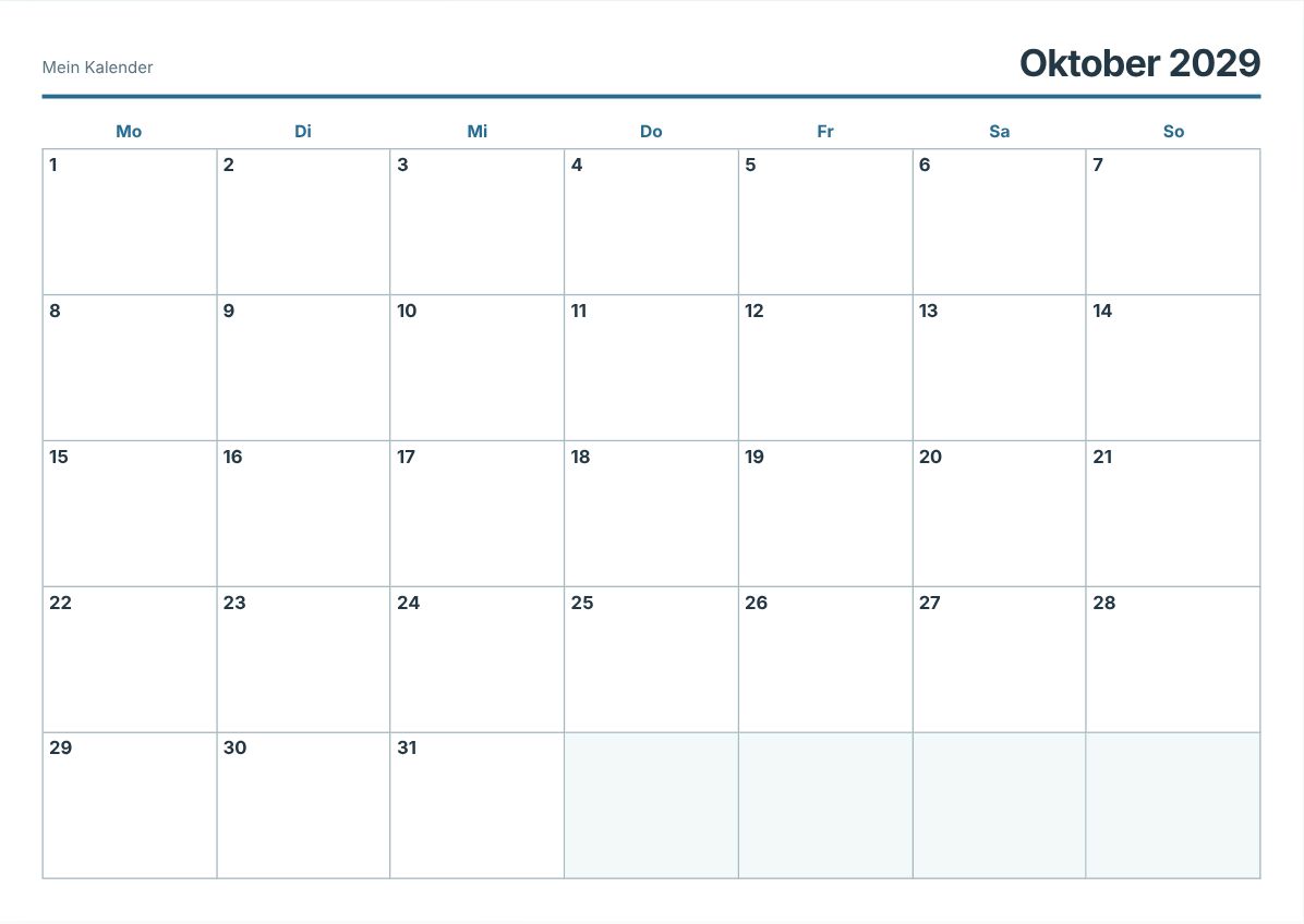 Oktober 2029 Kalender zum Ausdrucken (Druckvorschau)