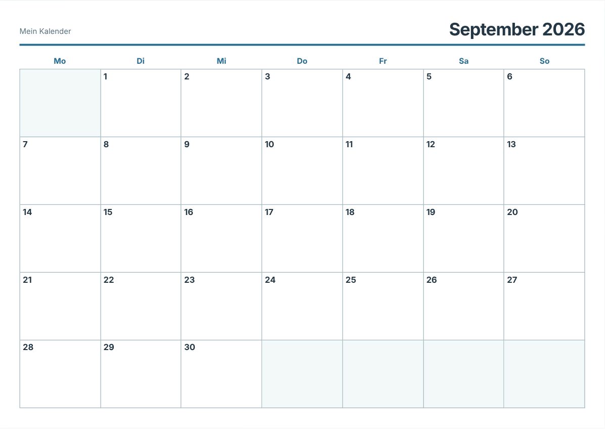 September 2026 Kalender zum Ausdrucken (Druckvorschau)