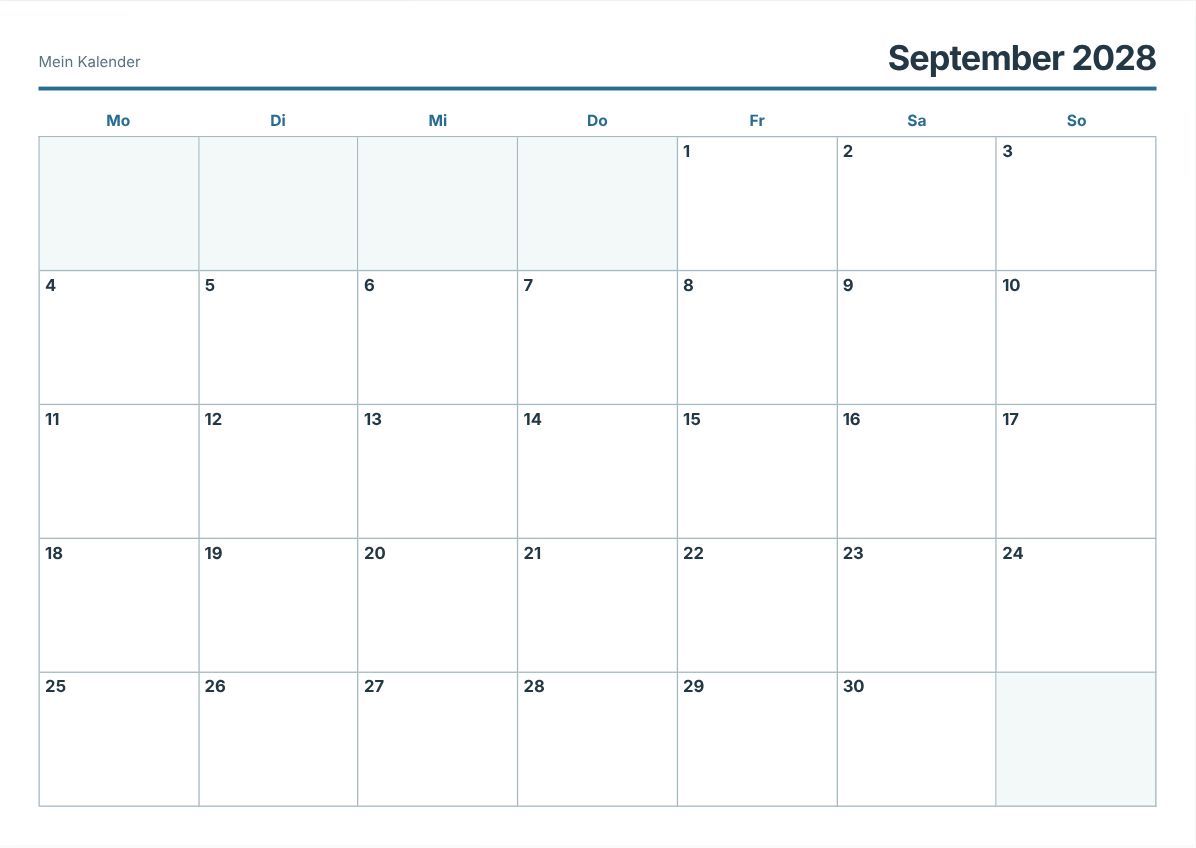 September 2028 Kalender zum Ausdrucken (Druckvorschau)