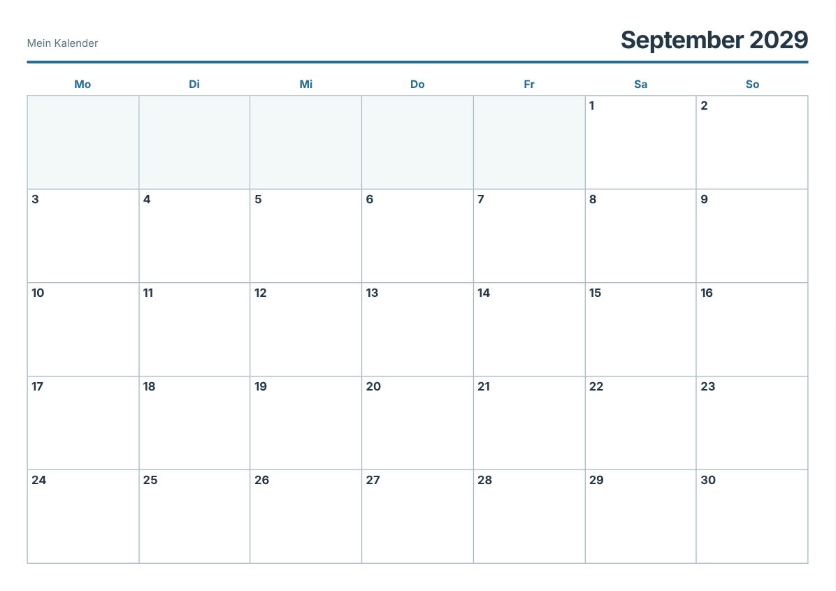 September 2029 Kalender zum Ausdrucken (Druckvorschau)
