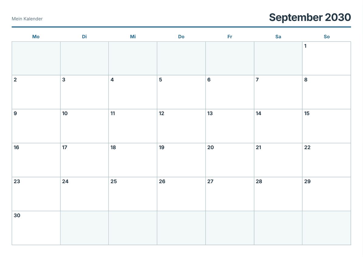 September 2030 Kalender zum Ausdrucken (Druckvorschau)