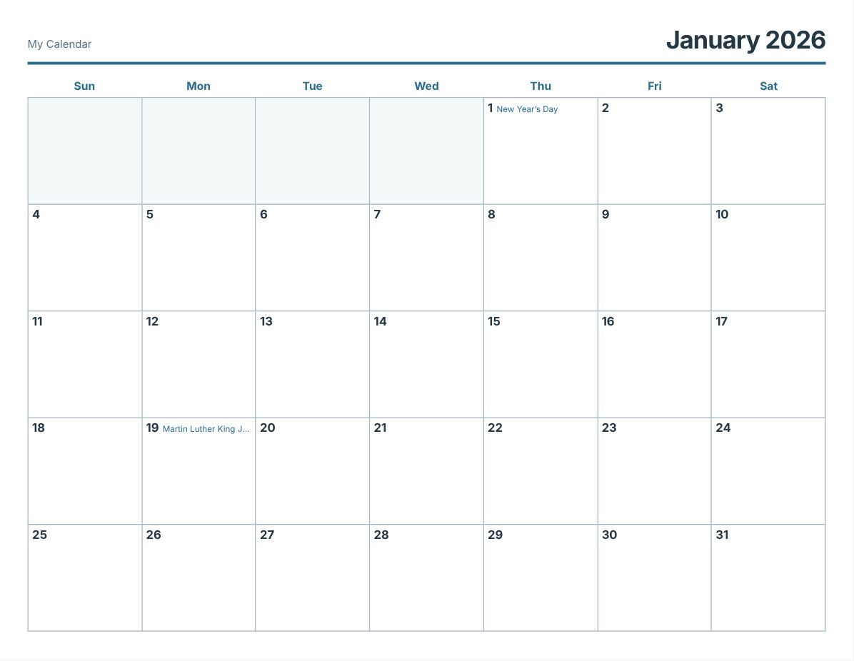 2026 Printable Calendar – Free PDF (print preview)