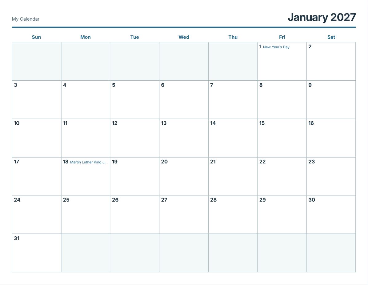 2027 Printable Calendar – Free PDF (print preview)