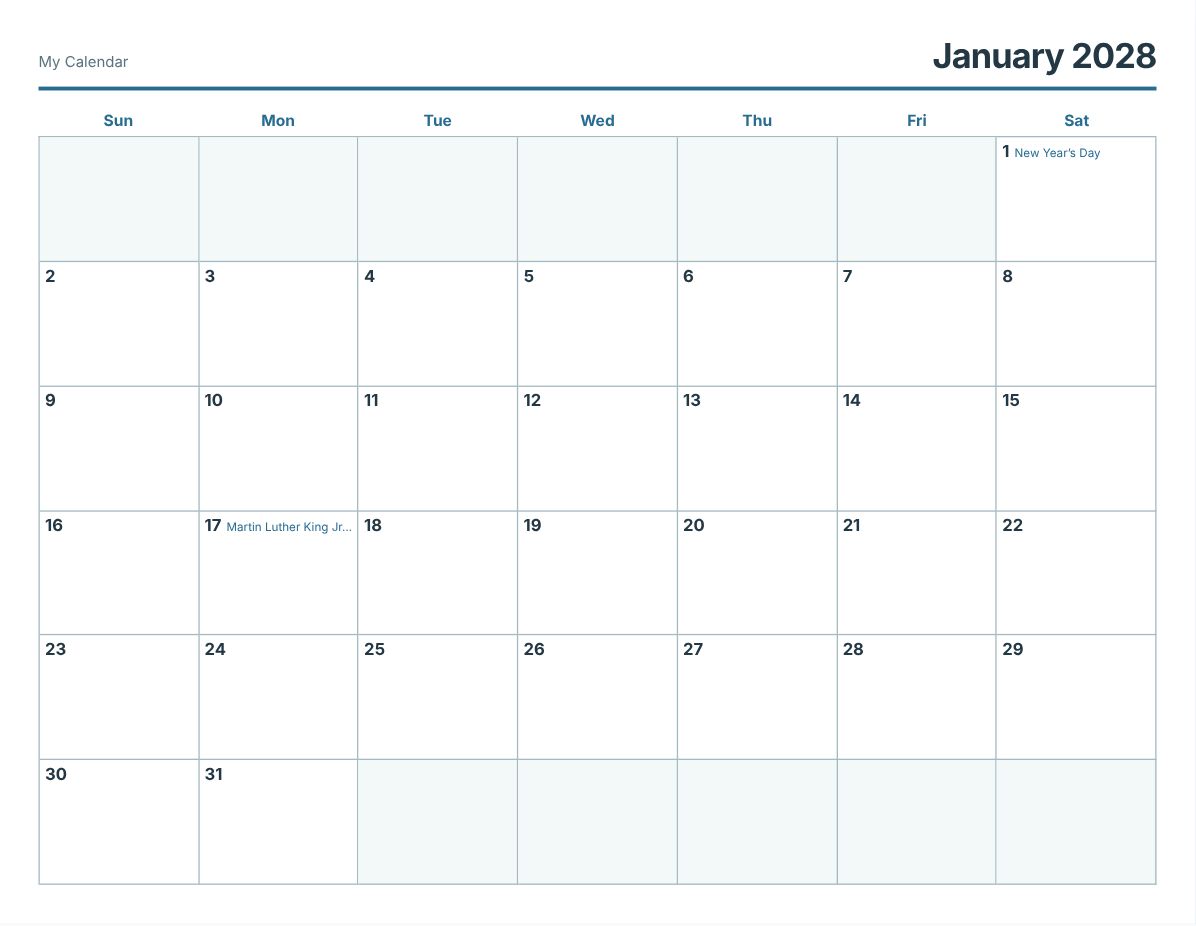 2028 Printable Calendar – Free PDF (print preview)