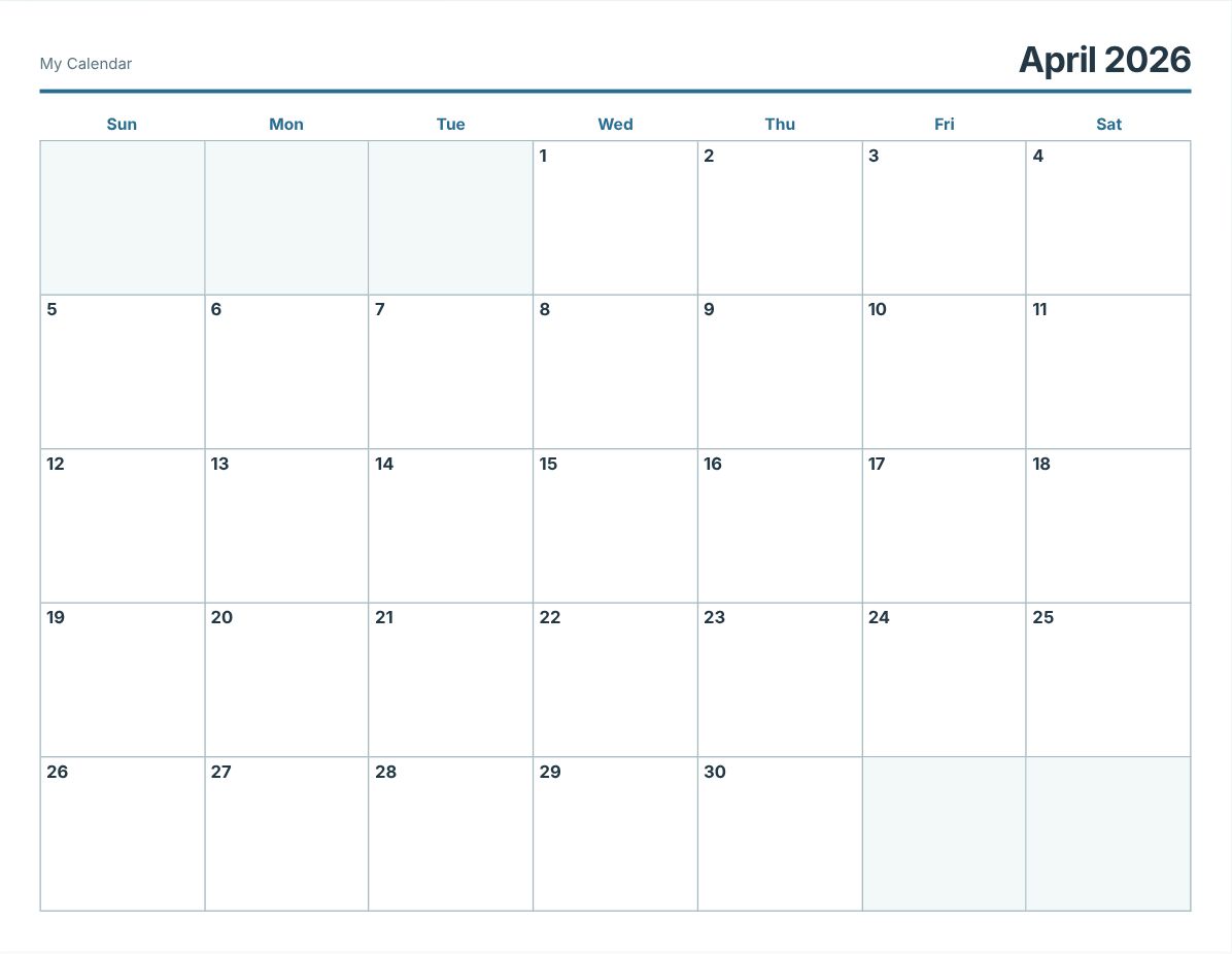 April 2026 Printable Calendar (print preview)