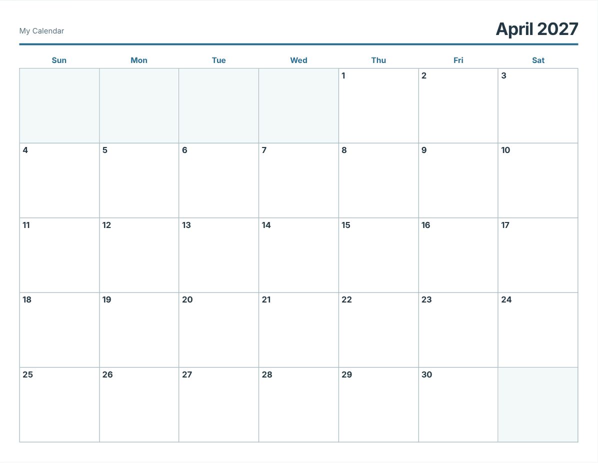 April 2027 Printable Calendar (print preview)