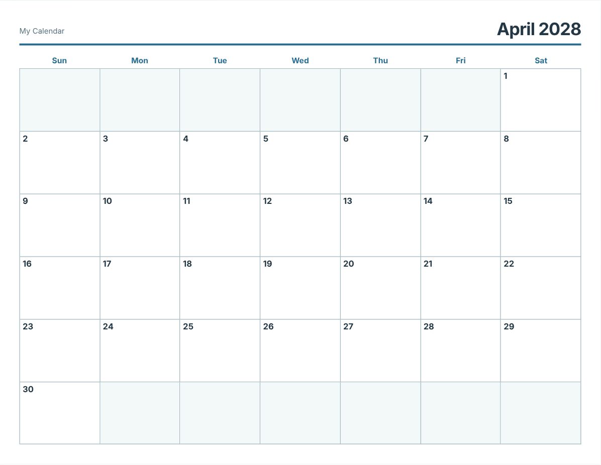 April 2028 Printable Calendar (print preview)