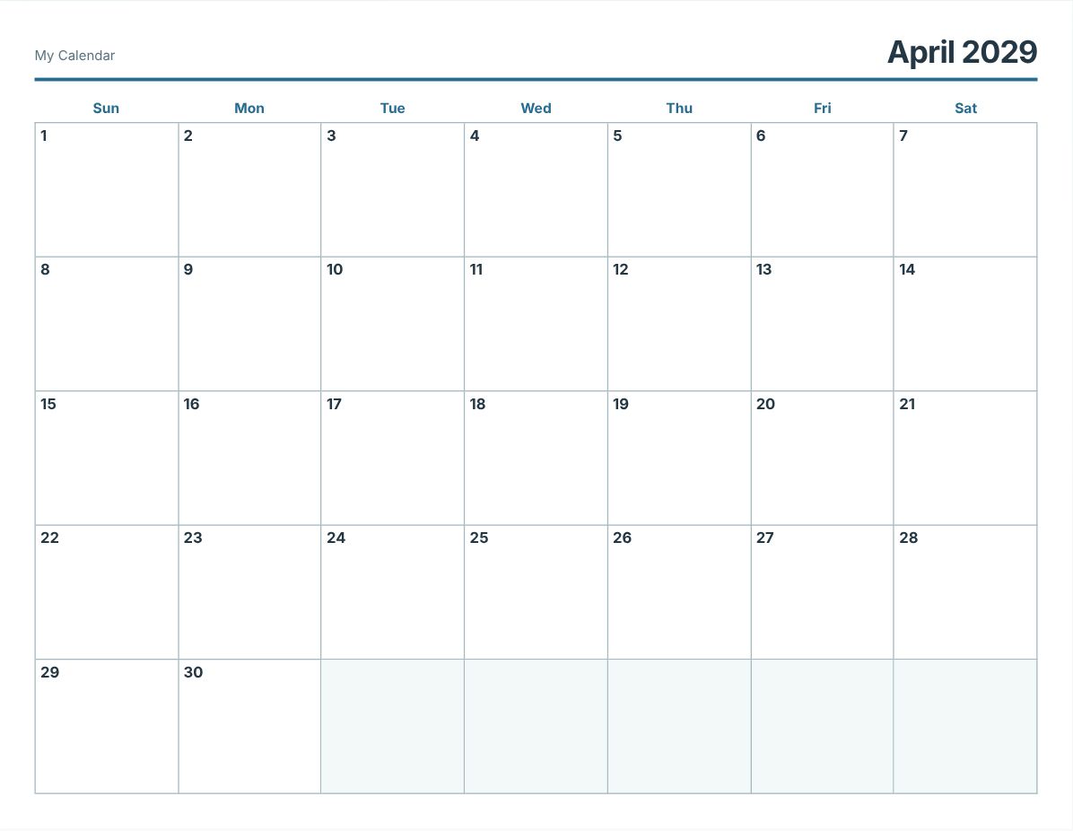 April 2029 Printable Calendar (print preview)