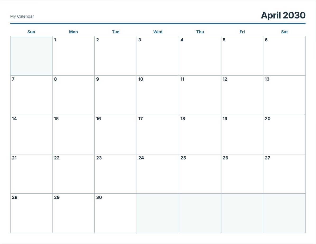 April 2030 Printable Calendar (print preview)