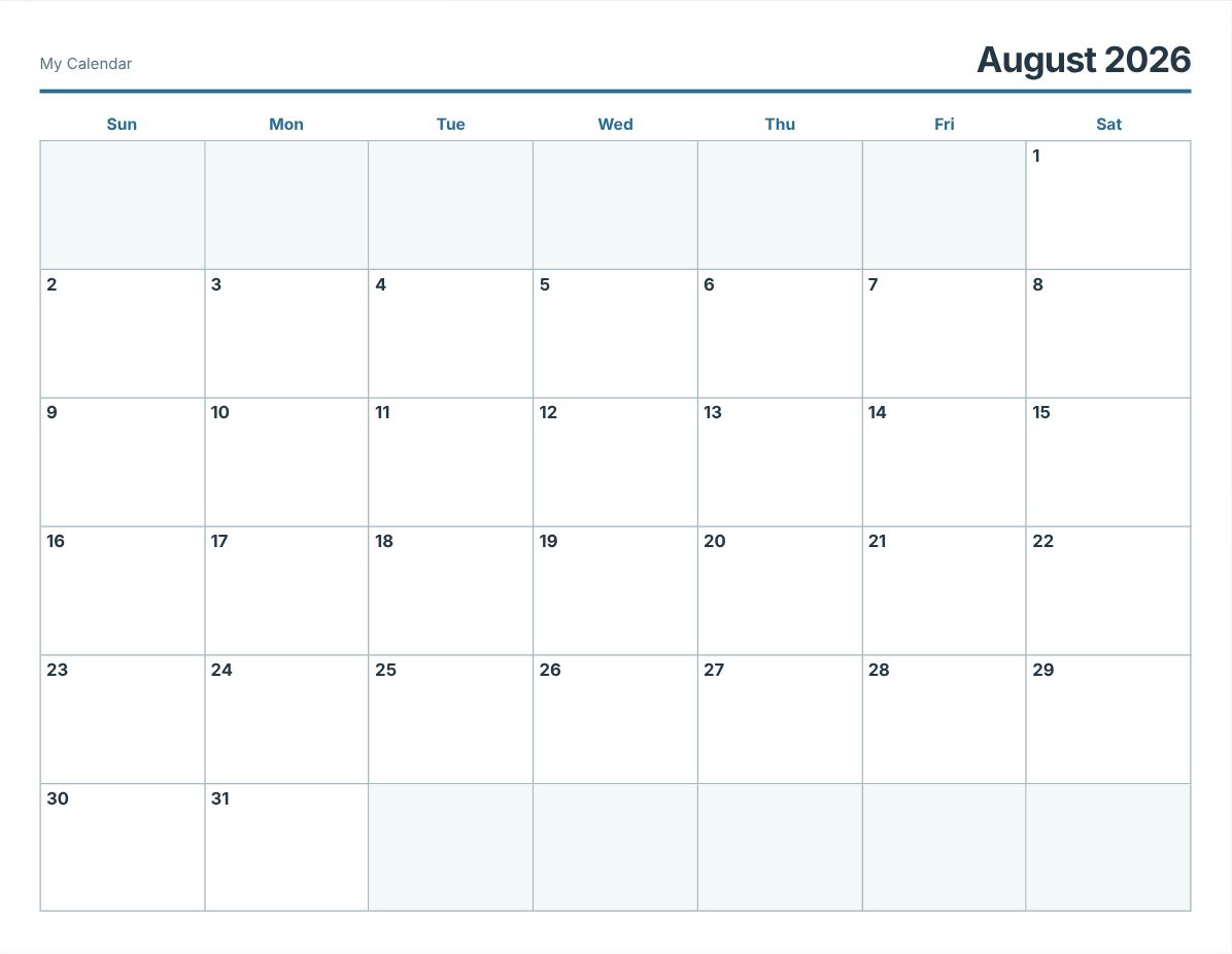 August 2026 Printable Calendar (print preview)
