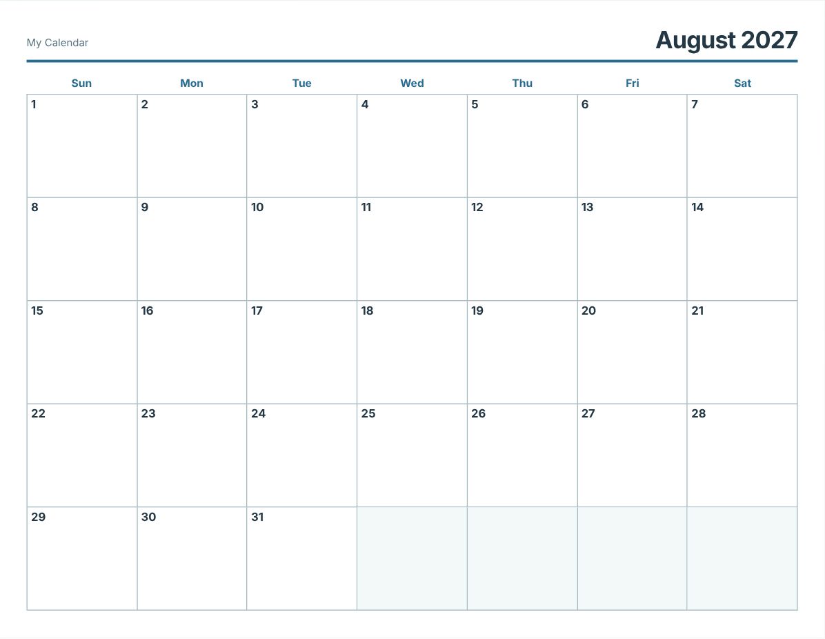 August 2027 Printable Calendar (print preview)