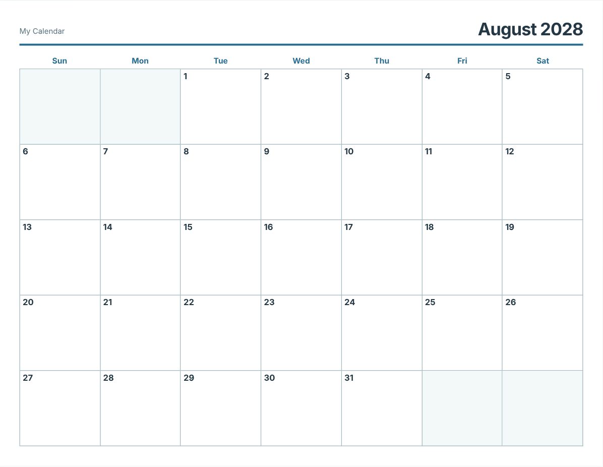 August 2028 Printable Calendar (print preview)