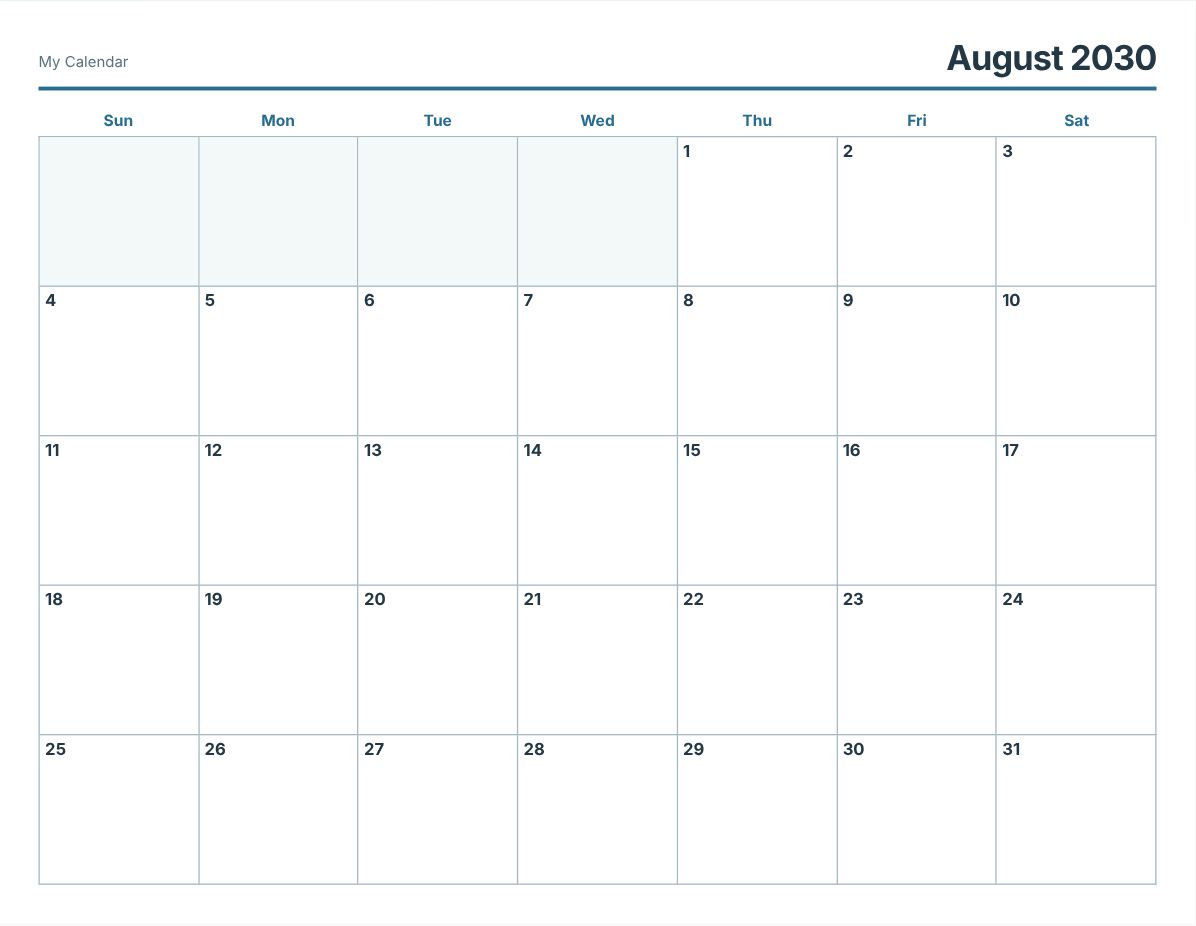 August 2030 Printable Calendar (print preview)