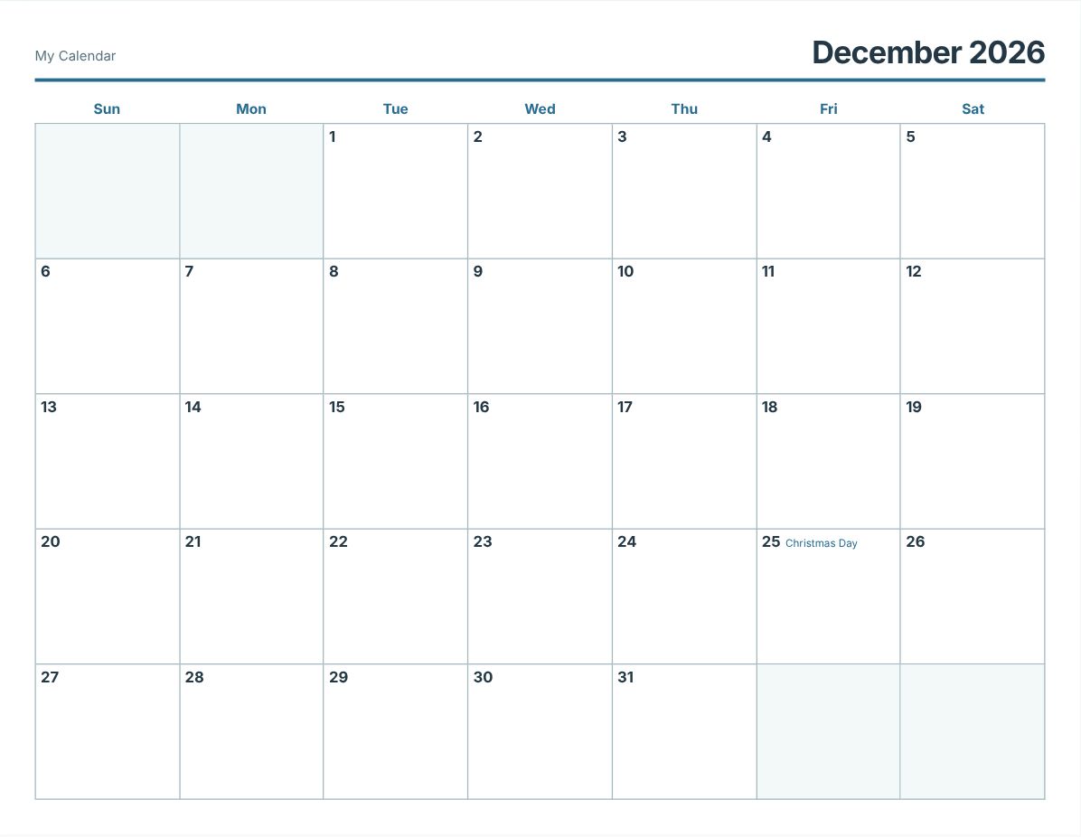 December 2026 Printable Calendar (print preview)