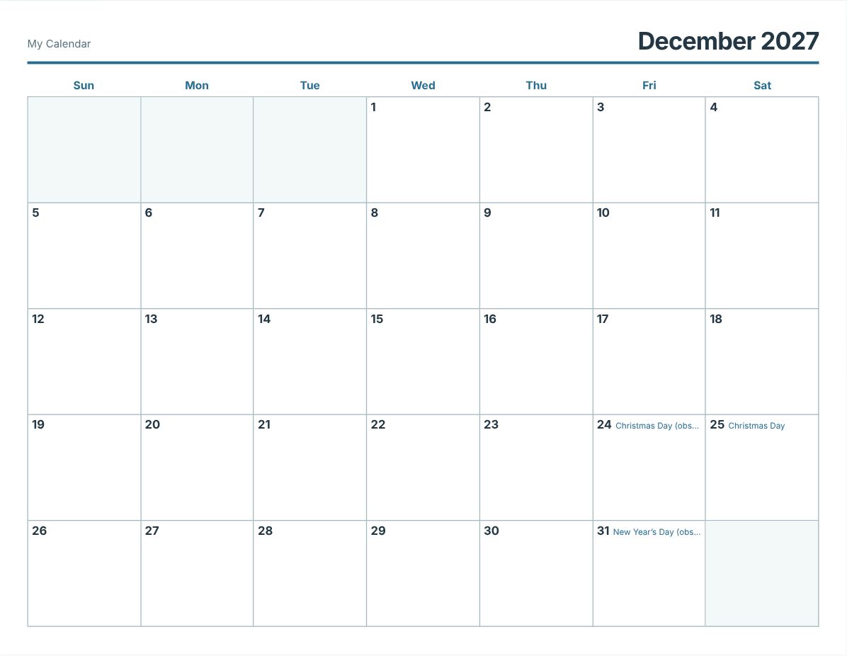 December 2027 Printable Calendar (print preview)