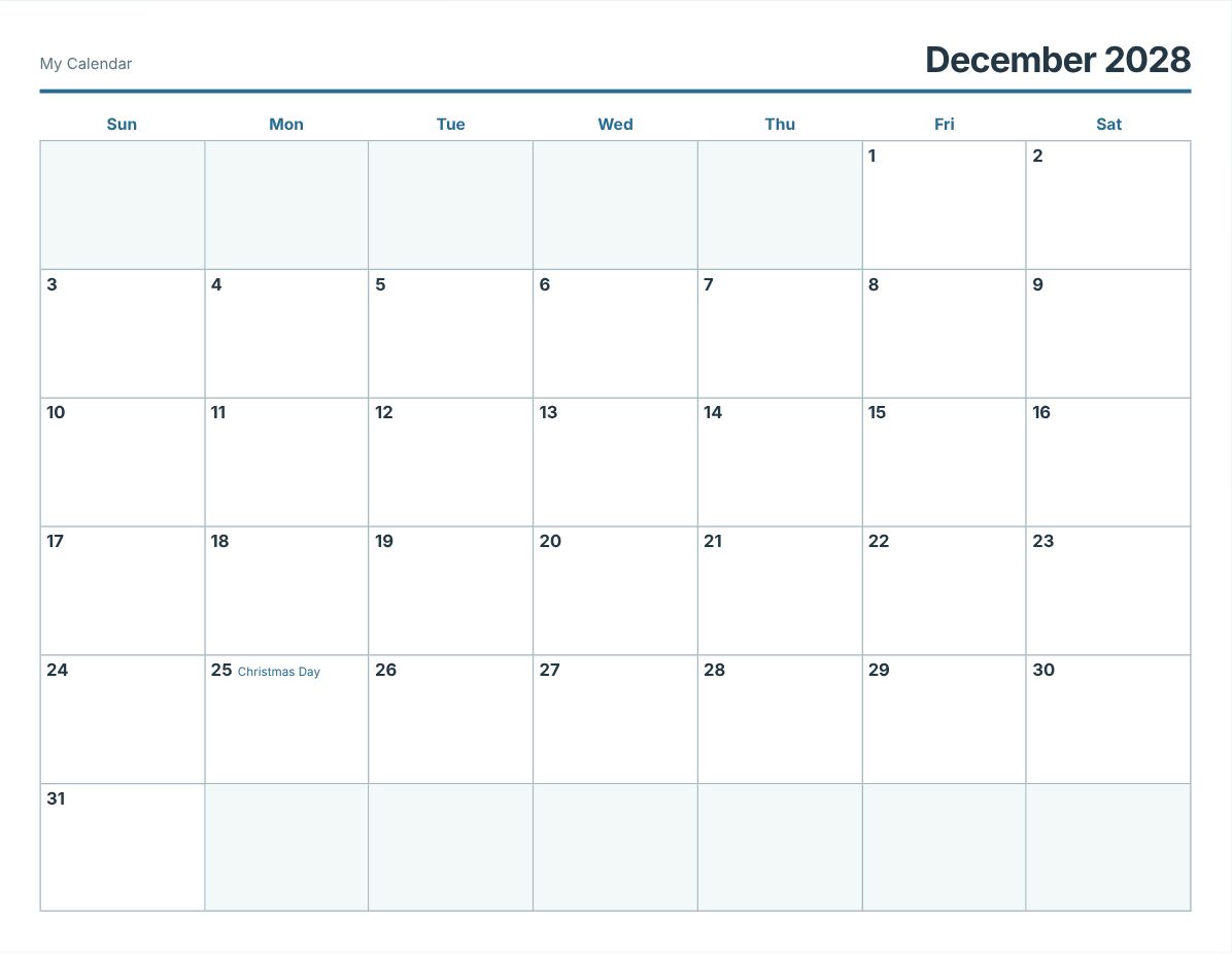 December 2028 Printable Calendar (print preview)