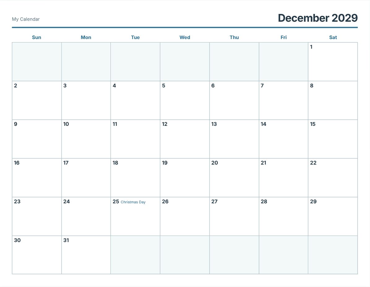 December 2029 Printable Calendar (print preview)