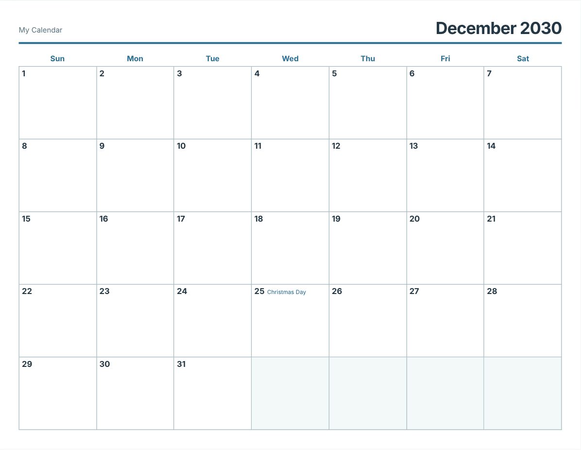 December 2030 Printable Calendar (print preview)