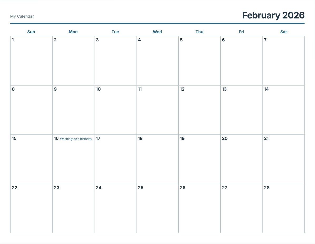 February 2026 Printable Calendar (print preview)