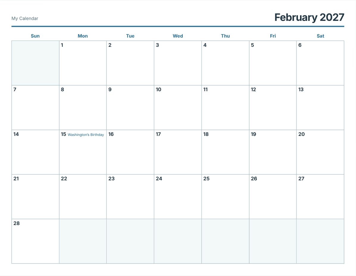 February 2027 Printable Calendar (print preview)