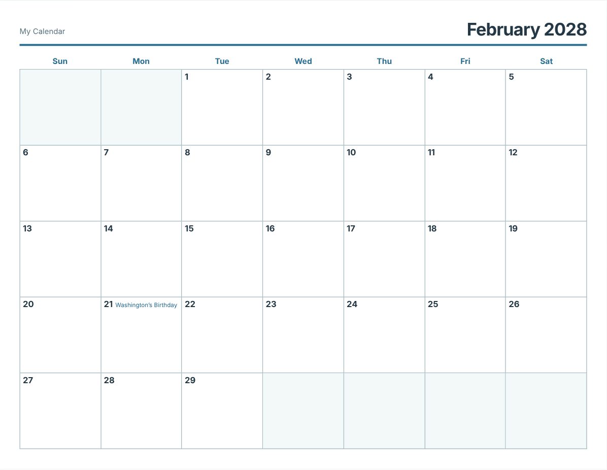 February 2028 Printable Calendar (print preview)