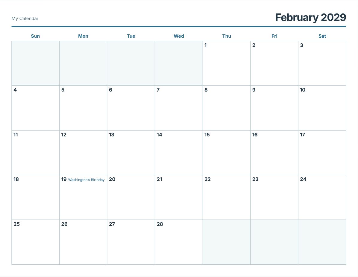 February 2029 Printable Calendar (print preview)