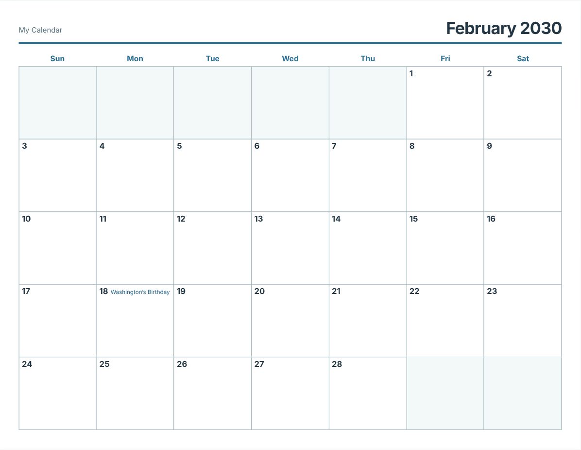 February 2030 Printable Calendar (print preview)