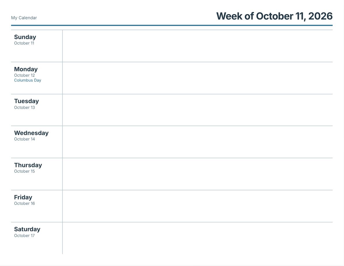 Free Printable Weekly Calendar (print preview)