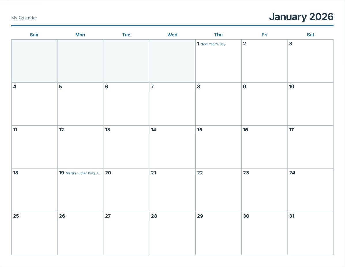 January 2026 Printable Calendar (print preview)