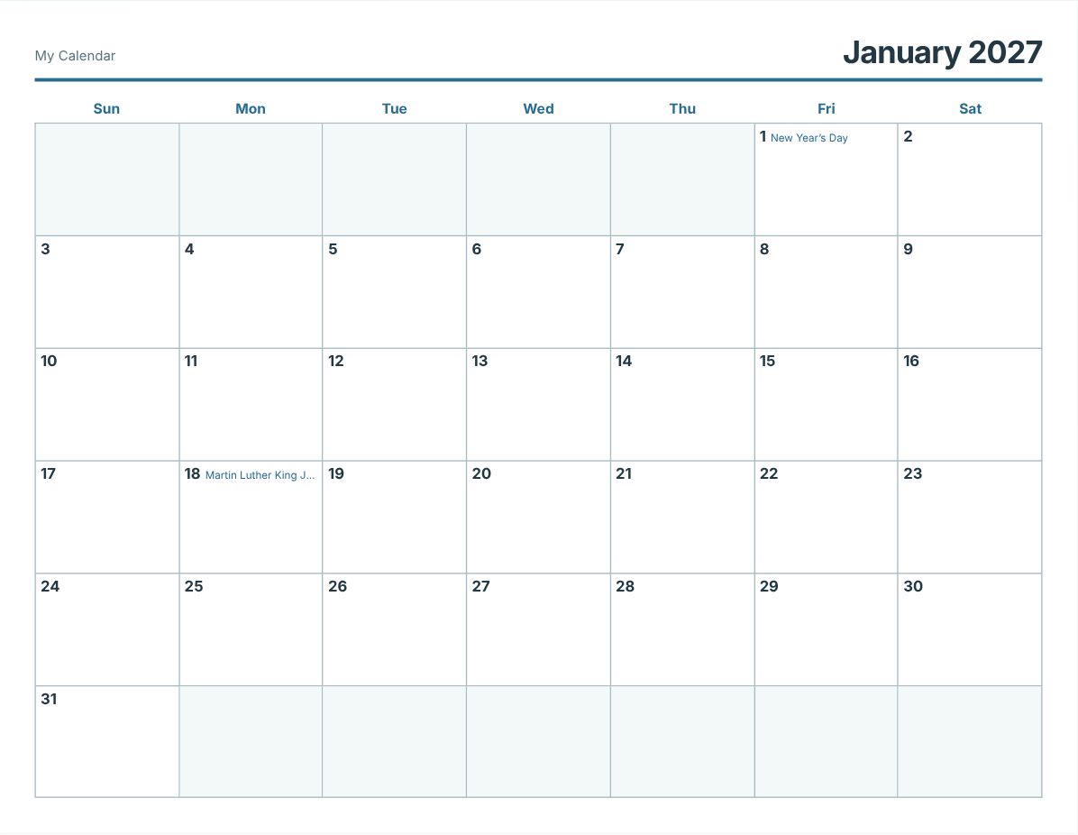 January 2027 Printable Calendar (print preview)