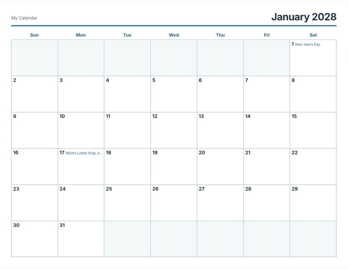 January 2028 Printable Calendar (print preview)