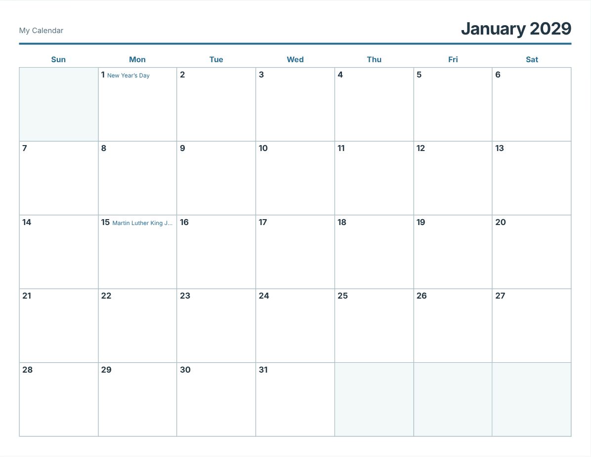 January 2029 Printable Calendar (print preview)
