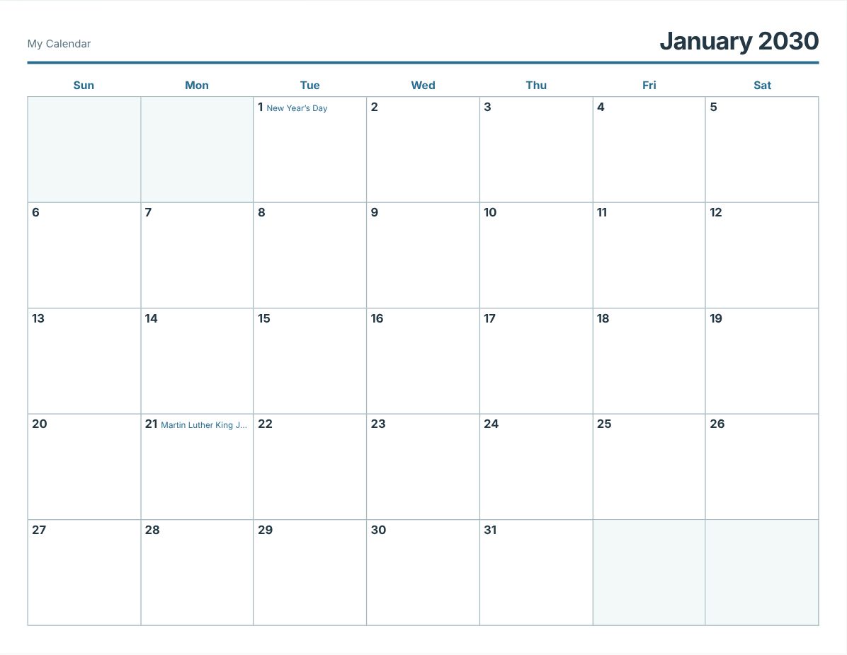 January 2030 Printable Calendar (print preview)