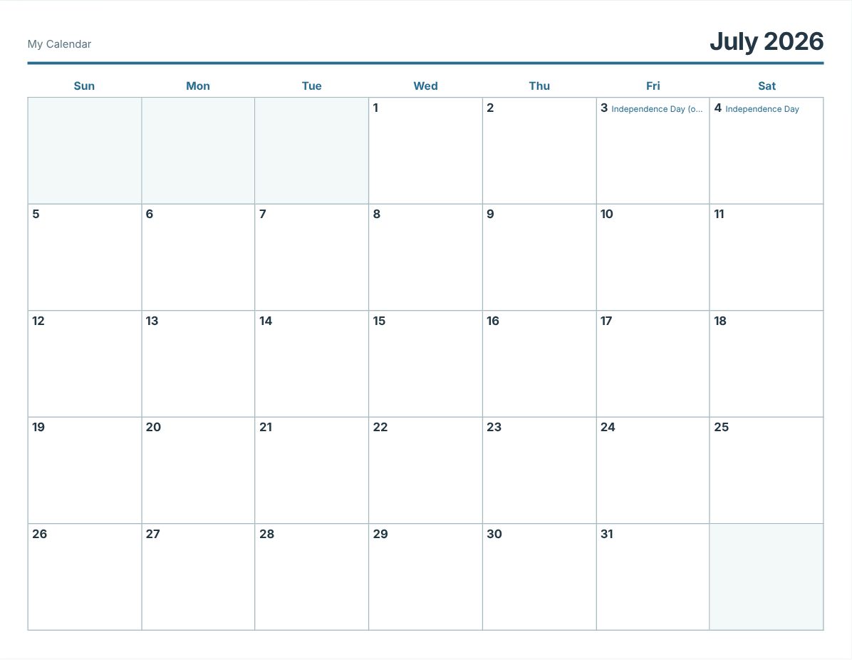 July 2026 Printable Calendar (print preview)