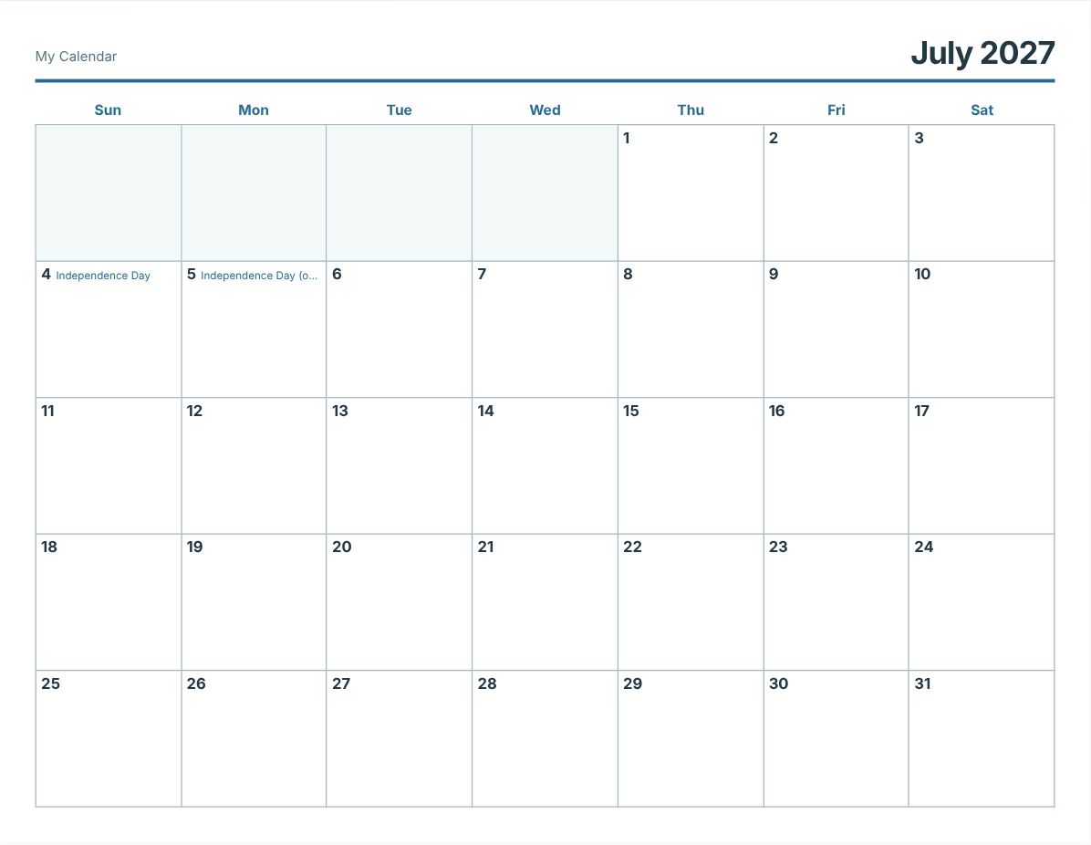 July 2027 Printable Calendar (print preview)