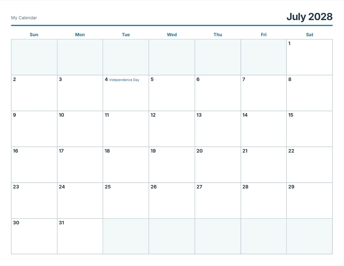July 2028 Printable Calendar (print preview)