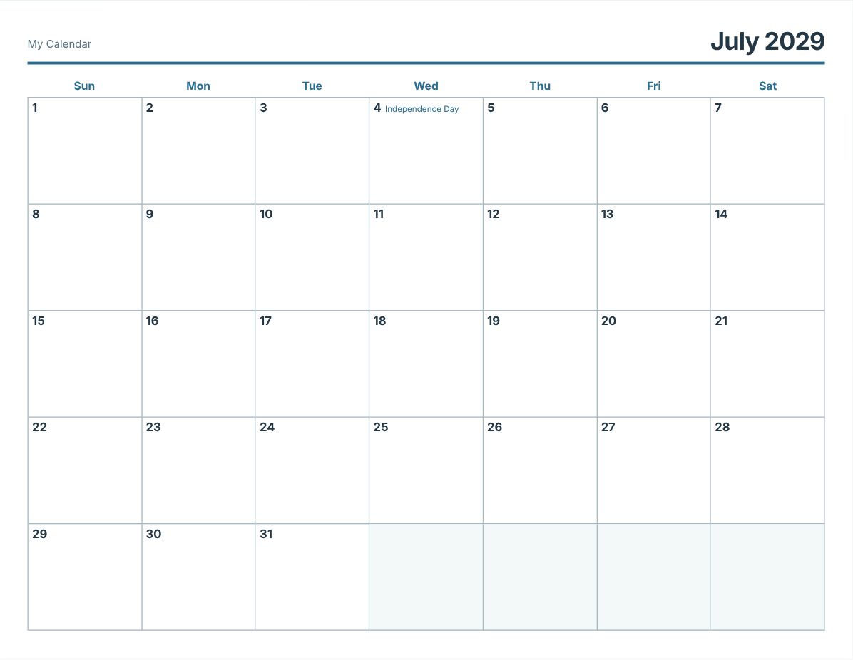 July 2029 Printable Calendar (print preview)