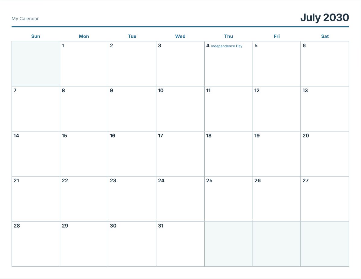 July 2030 Printable Calendar (print preview)