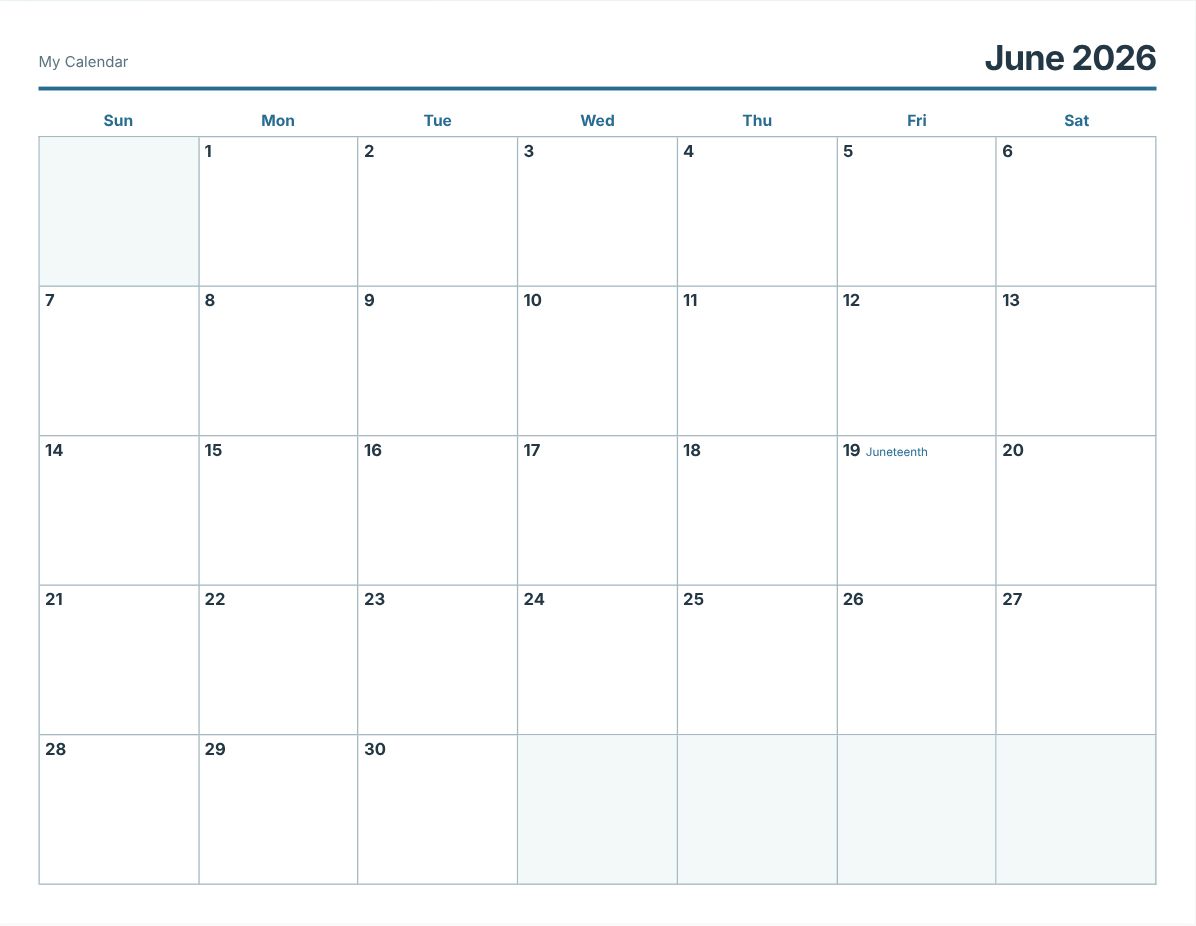 June 2026 Printable Calendar (print preview)