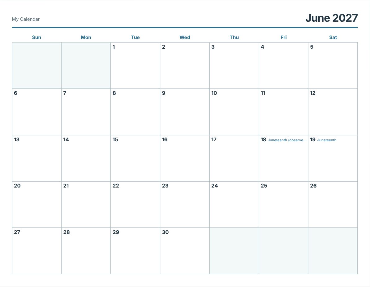 June 2027 Printable Calendar (print preview)