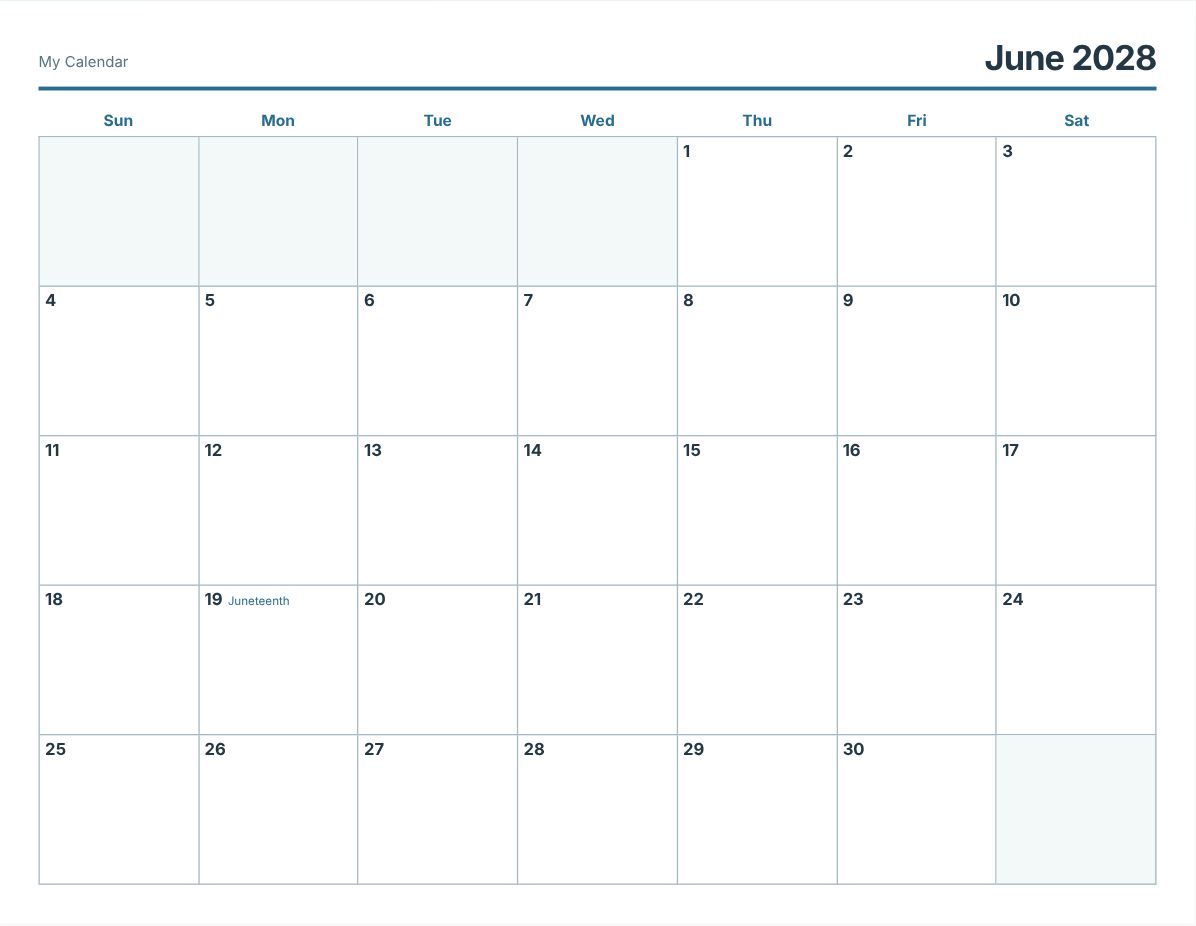 June 2028 Printable Calendar (print preview)