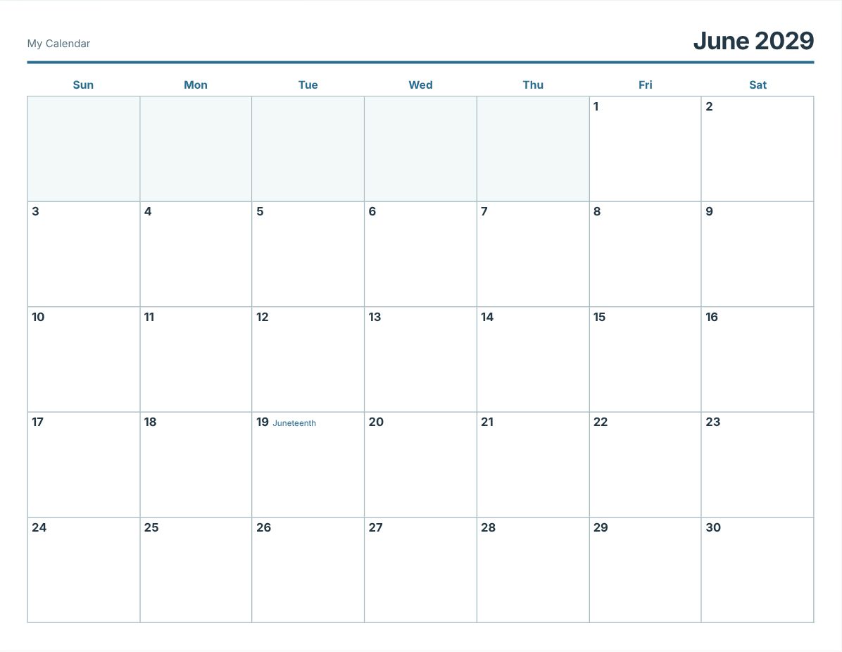 June 2029 Printable Calendar (print preview)