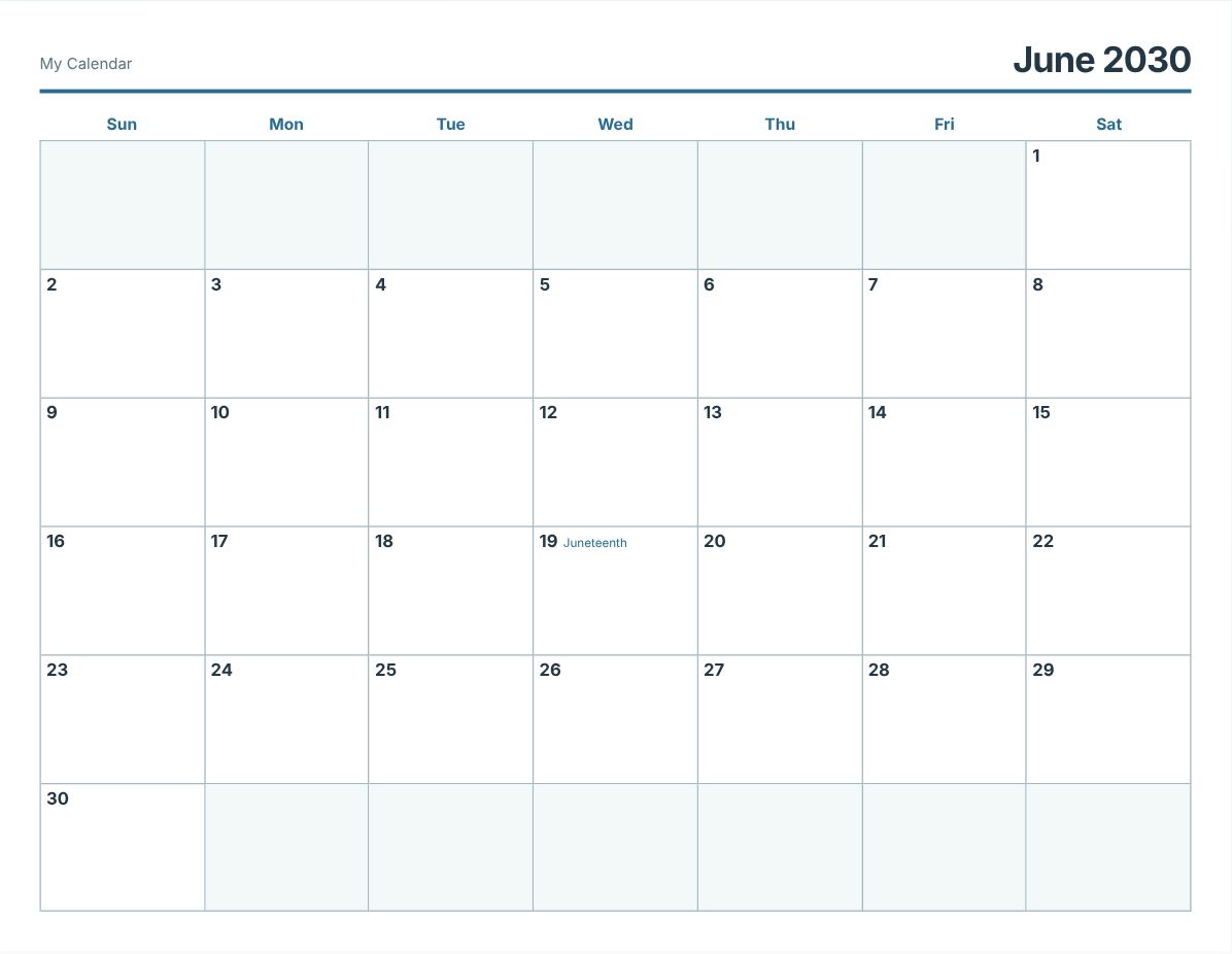 June 2030 Printable Calendar (print preview)