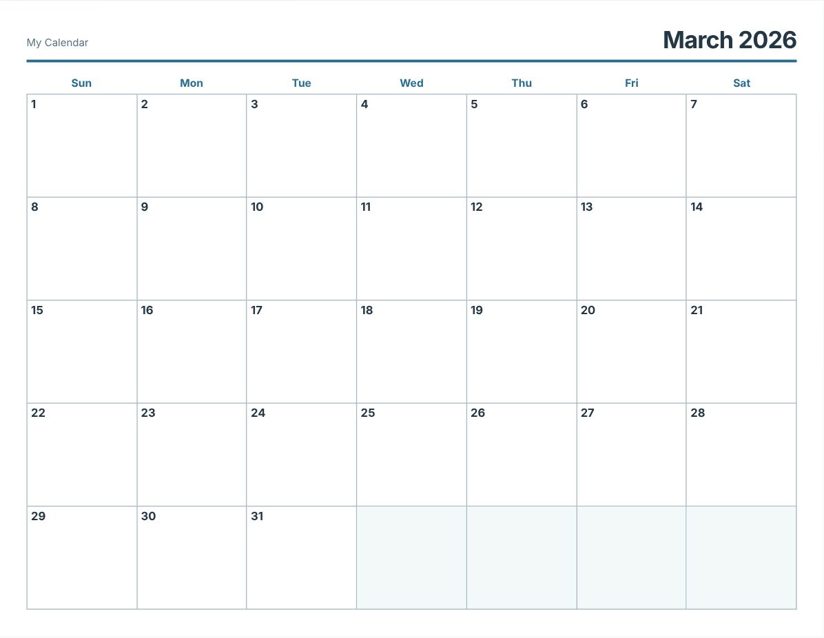 March 2026 Printable Calendar (print preview)