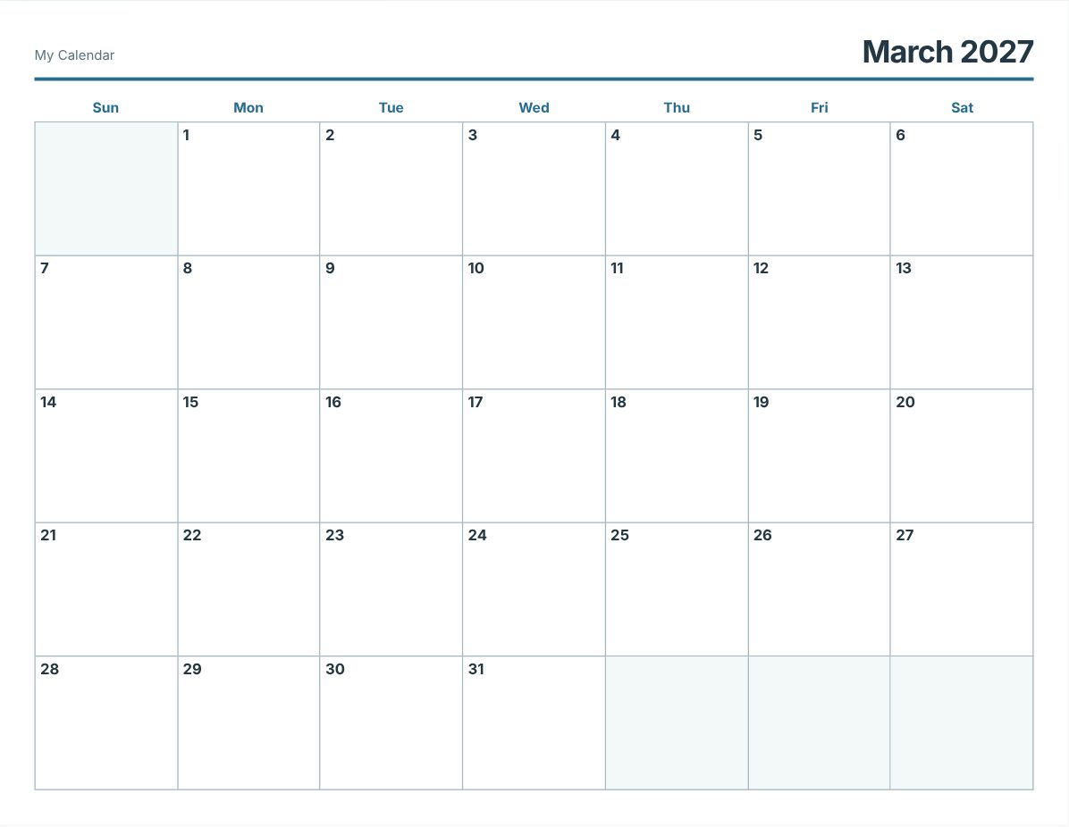 March 2027 Printable Calendar (print preview)