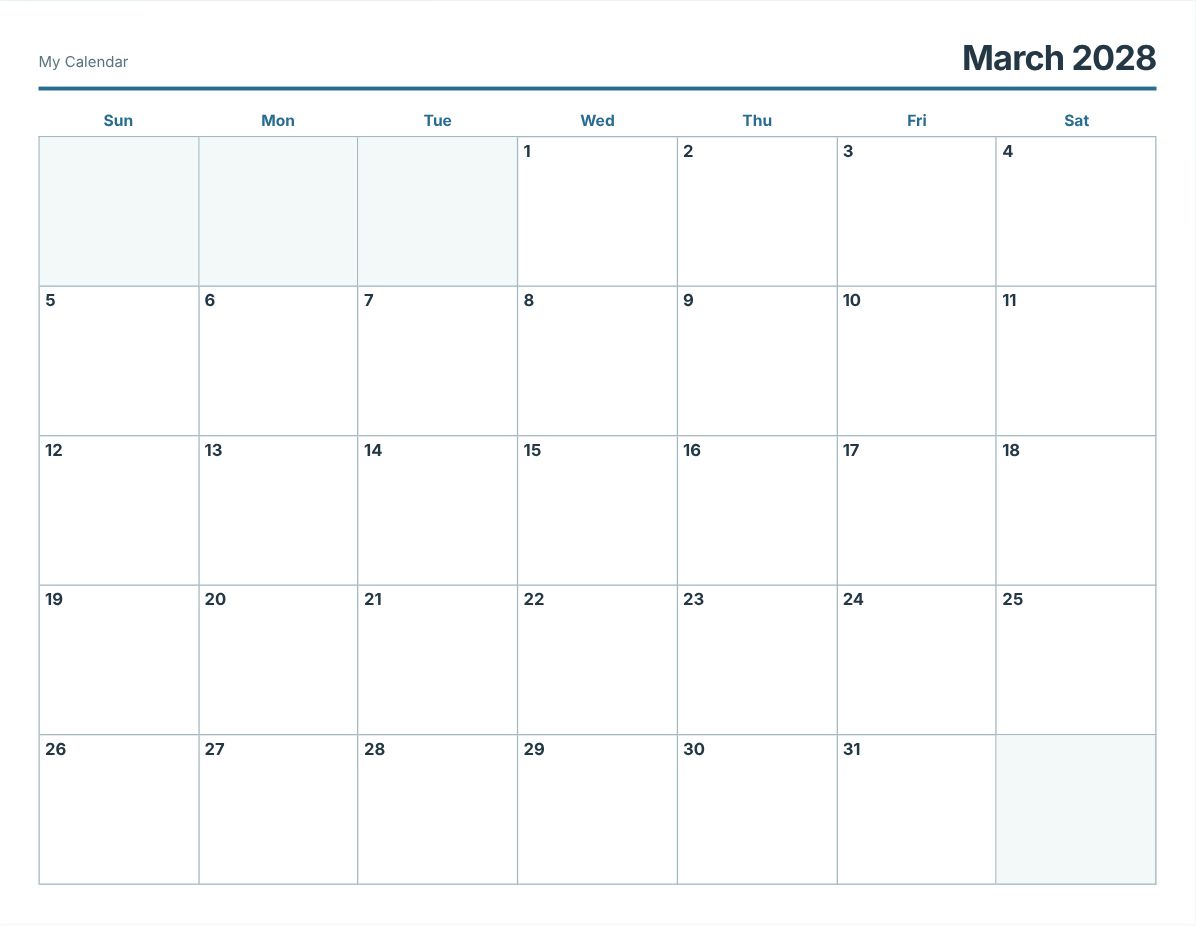 March 2028 Printable Calendar (print preview)