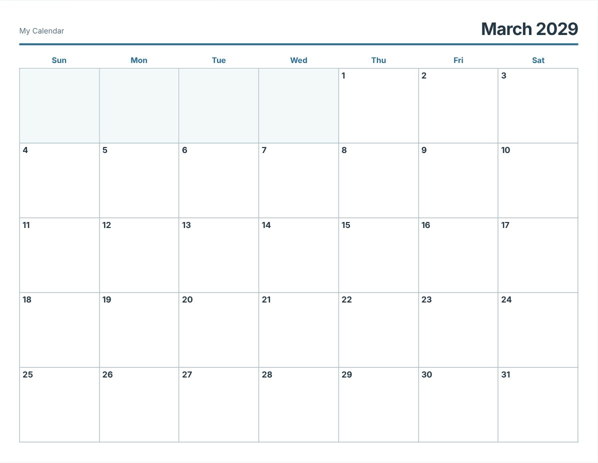 March 2029 Printable Calendar (print preview)