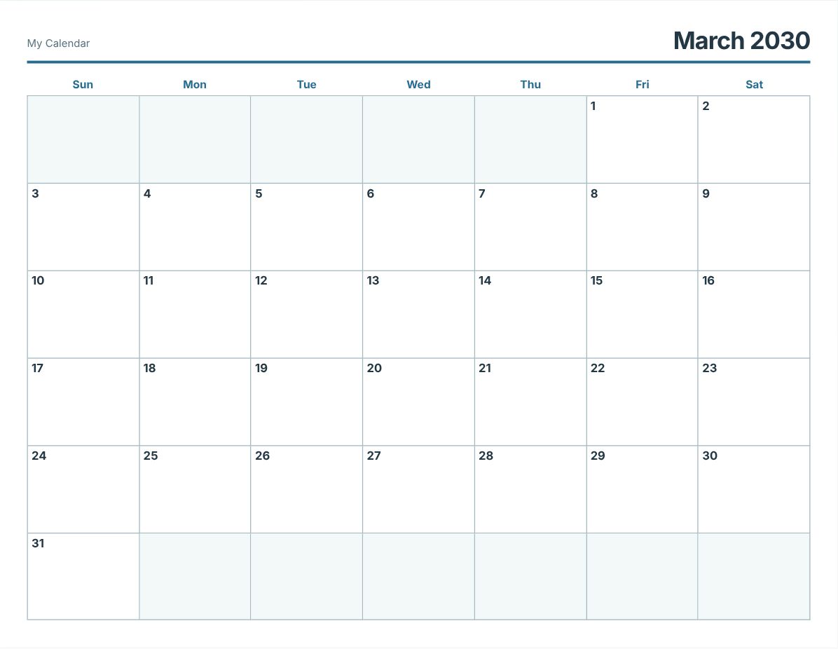March 2030 Printable Calendar (print preview)