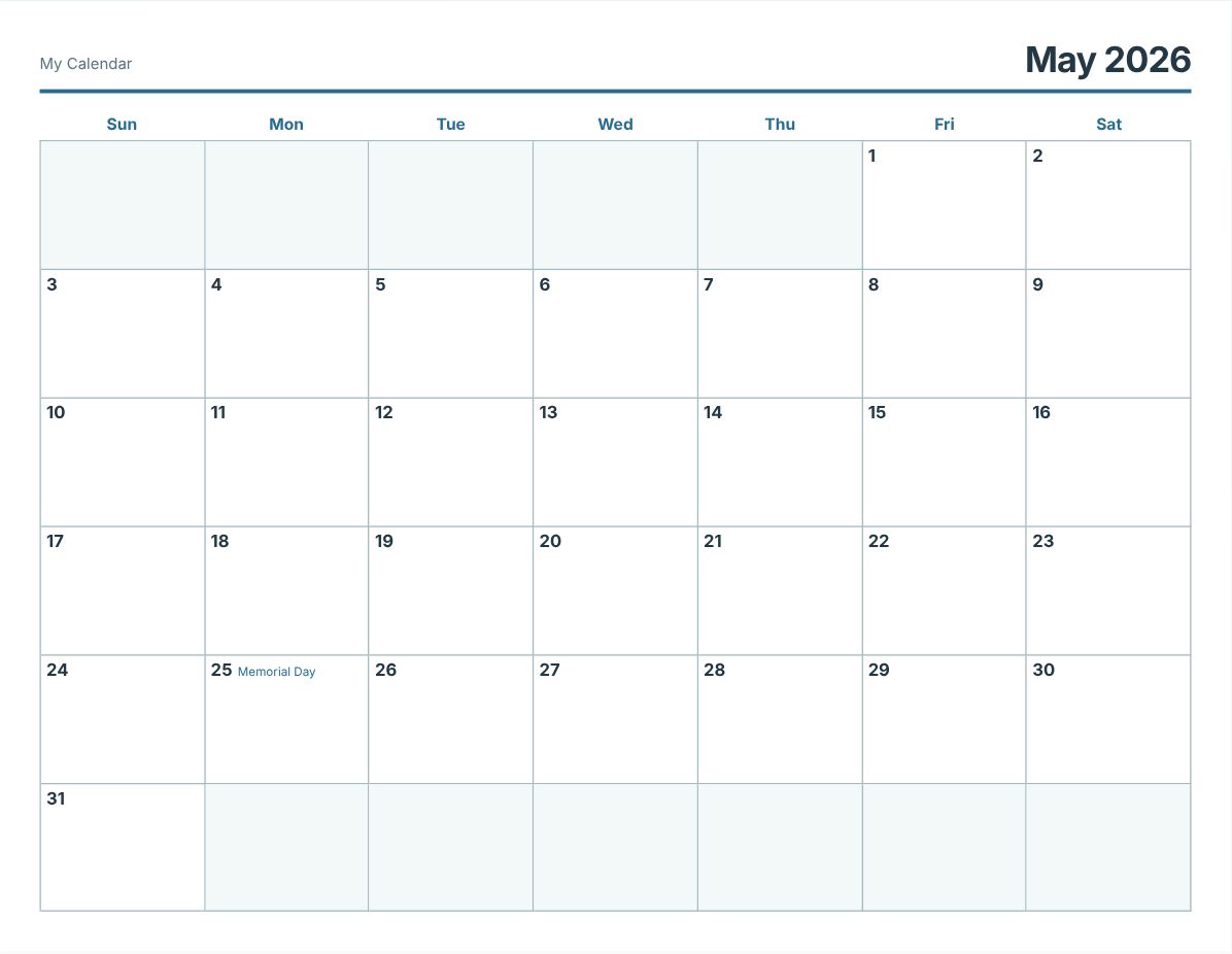 May 2026 Printable Calendar (print preview)
